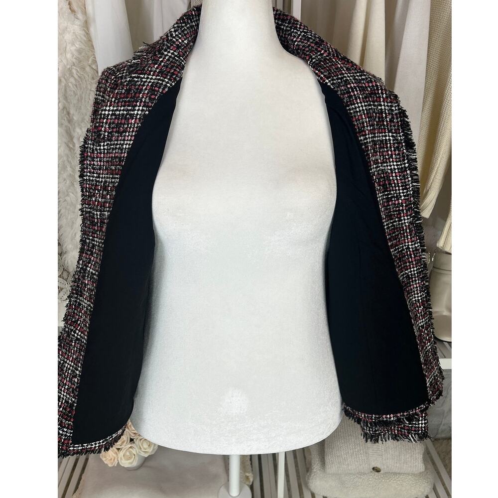 Chico's Women's Size 12 Black Gray Pink Button Up Fringe Hem Jacket Blazer #0591 - Picture 9 of 14
